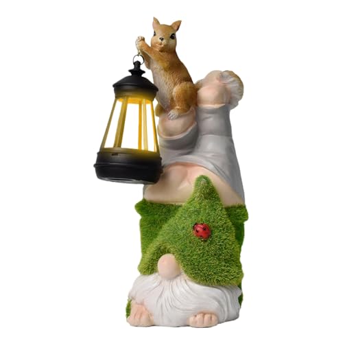 Garden Gnome Statues, Solar Garden Gnomes Squirrel Lantern Figurines, Whimsical Sculptures Funny Resin Lawn Ornaments for Backyard, Patio, Porch, Flowerbed, Pathway, Yard, Balcony