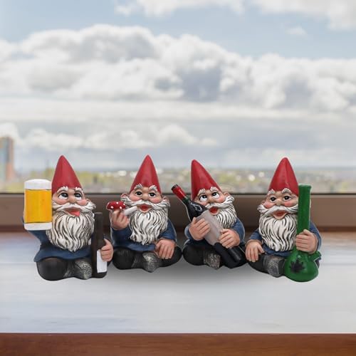 Candy Creations On Cloud 9 Bad Gnomes Drinking and Smoking, Set of 4 Naughty Lawn Dwarves, Funny Garden or Indoor Home Decor
