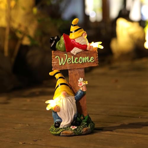Vriusi Solar LED Gnome Statues Resin Gnome Sculpture Outdoor Garden Decor Lawn Gnome Figurine Solar Yard Decor Solar-Powered Gnome LED Gnome Yard Statue Garden Gnome Light Outdoor Tabletop Gnome