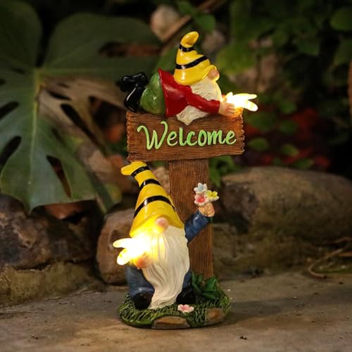 Vriusi Solar LED Gnome Statue Resin Gnome Sculpture Outdoor Garden Decor Lawn Gnome Figurine Solar Yard Decor Solar-Powered Gnome LED Gnome Yard Statue Garden Gnome Light Outdoor Tabletop Gnome