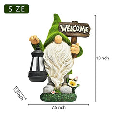 Funny Garden Gnome with Solar Lantern,Welcome Sign Solar Garden Ornaments Garden Gnome Figurine Gifts for Patio Lawn,Garden Sculptures Statues