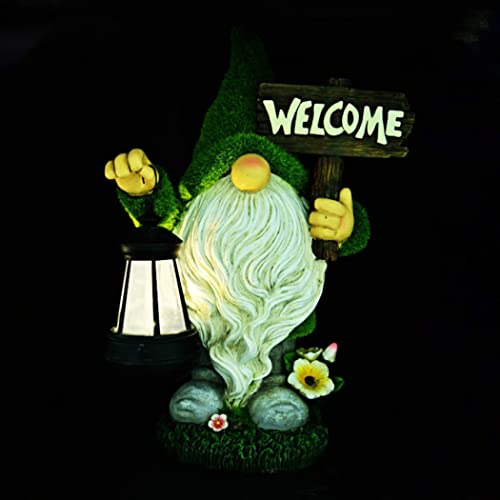 Funny Garden Gnome with Solar Lantern,Welcome Sign Solar Garden Ornaments Garden Gnome Figurine Gifts for Patio Lawn,Garden Sculptures Statues