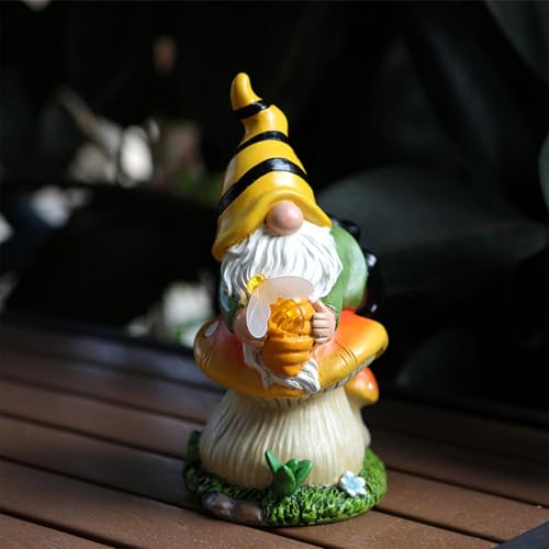 Solar Garden Statue, Gnome Figurine, Garden Ornaments, Outdoor Solar Lights, Resin Mushroom Gnome Statue with Honey Jar, Weatherproof Garden Figurine, 13.6x10x20 cm for Patio, Lawn, and Yard Decor