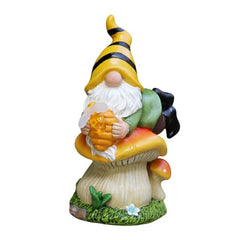 Solar Gnome, Resin Garden Gnome Statue on Mushroom, LED Light-Up Dwarf Figurine Holding Honey Jar, Weatherproof Outdoor Sculpture for Yard, Lawn, Patio and Backyard Decor