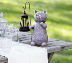 Solar Cat Statue Garden Ornament with Lantern - Weatherproof Outdoor Grey Figurine for Patio, Balcony, Fairy Gardens | 19.5cm Unique Gift for Women/Men/Mum (Birthday, Christmas)
