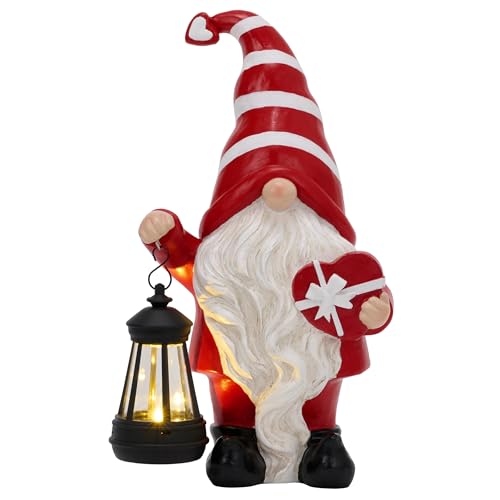 TERESA'S COLLECTIONS Resin Garden Gnome Holding Gift & Lantern with Solar Lights, Valentine's Day Decor, Red, 12"