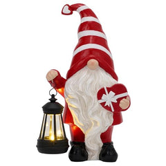 TERESA'S COLLECTIONS Resin Garden Gnome Holding Gift & Lantern with Solar Lights, Valentine's Day Decor, Red, 12"