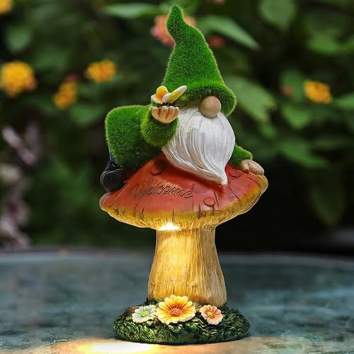Hbbgdiy Waterproof Resin Solar Garden Gnome Decoration, Funny Garden Gnomes Climbing on Mushroom Statue, Outdoor Patio Lawn Yard Ornament Gift