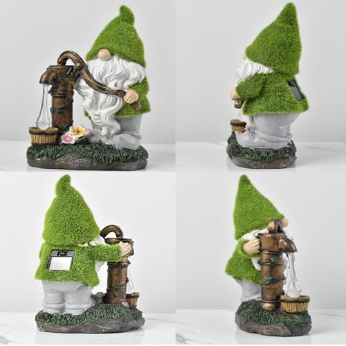 Solar Gnome, Flocked Resin Garden Gnome, Light-Operated Garden Gnomes Outdoor, Weather-Resistant Solar Lights for Outdoor, Gifts, Pumping Water
