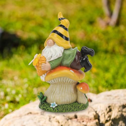 Solar Gnome, Resin Garden Gnome Statue on Mushroom, LED Light-Up Dwarf Figurine Holding Honey Jar, Weatherproof Outdoor Sculpture for Yard, Lawn, Patio and Backyard Decor