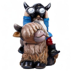 Joint Honglin Garden Gnome Statues Resin Gnome Sitting on Highland Cow Solar Lights Outdoor Telescope Gnome Gifts for Yard, Patio Decor Gift(Cow Gnome)