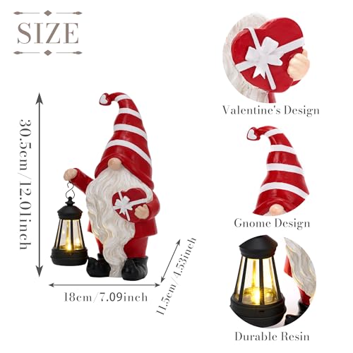 TERESA'S COLLECTIONS Resin Garden Gnome Holding Gift & Lantern with Solar Lights, Valentine's Day Decor, Red, 12"