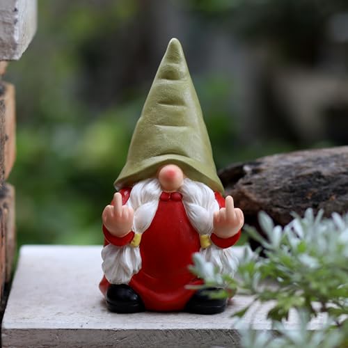 Middle Finger Female Gnome Statue 7.8in， Naughty Garden Gnome Statue Decoration and Lawn Ornament - Funny Garden Gnomes for Outdoor or Home Decor