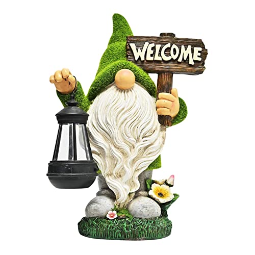 Funny Garden Gnome with Solar Lantern,Welcome Sign Solar Garden Ornaments Garden Gnome Figurine Gifts for Patio Lawn,Garden Sculptures Statues