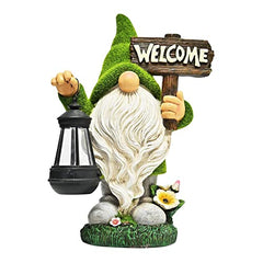 Funny Garden Gnome with Solar Lantern,Welcome Sign Solar Garden Ornaments Garden Gnome Figurine Gifts for Patio Lawn,Garden Sculptures Statues