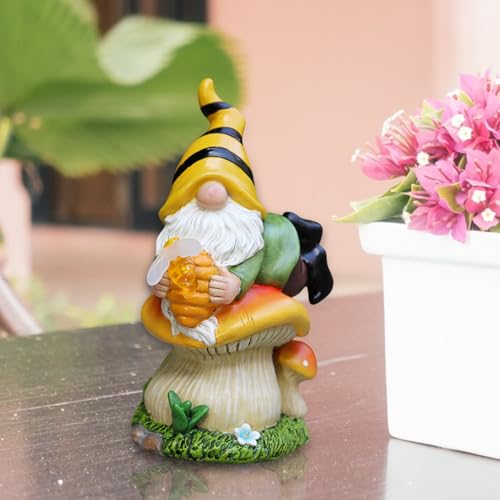 Solar Gnome, Resin Garden Gnome Statue on Mushroom, LED Light-Up Dwarf Figurine Holding Honey Jar, Weatherproof Outdoor Sculpture for Yard, Lawn, Patio and Backyard Decor