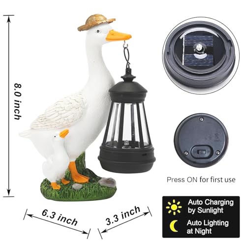 Garden Duck Statues Decor, Solar Waterproof 8" Mini White Ducks Sculpture with LED Lights Funny Garden Outdoor ECreative Duck Sculpture Decoration for Lawn Porch Yard Patio