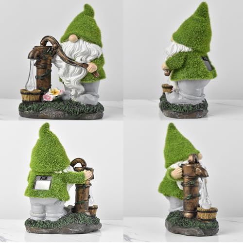 Solar Gnome, Flocked Resin Garden Gnome, Light-Operated Garden Gnomes Outdoor, Weather-Resistant Solar Lights for Outdoor, Gifts, Pumping Water