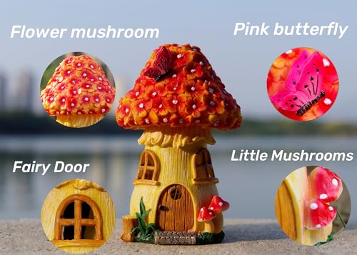 MeritMode Fairy Garden House Mushroom with Solar LED Light - Resin Fairy Garden Accessories, Waterproof Outdoor Light Statue Tiny House, Perfect for Lawn, Balcony, Yard Decor, 7" H