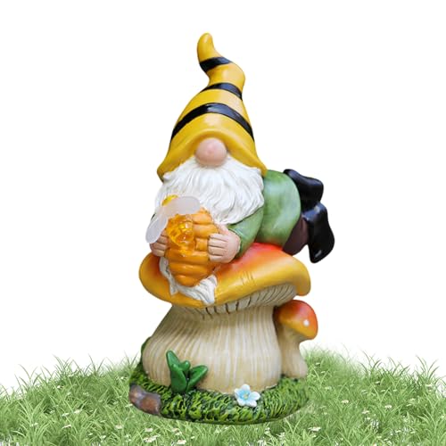 Solar Gnome, Resin Garden Gnome Statue on Mushroom, LED Light-Up Dwarf Figurine Holding Honey Jar, Weatherproof Outdoor Sculpture for Yard, Lawn, Patio and Backyard Decor