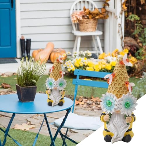 Gnome Statues Outdoor Solar, Bee Design Garden Gnome Figurines, Resin LED Lights Gnome Garden Sculpture, Solar Powered Gnome Statue, Sculpture Garden Decorations For Yard, Lawn, Patio