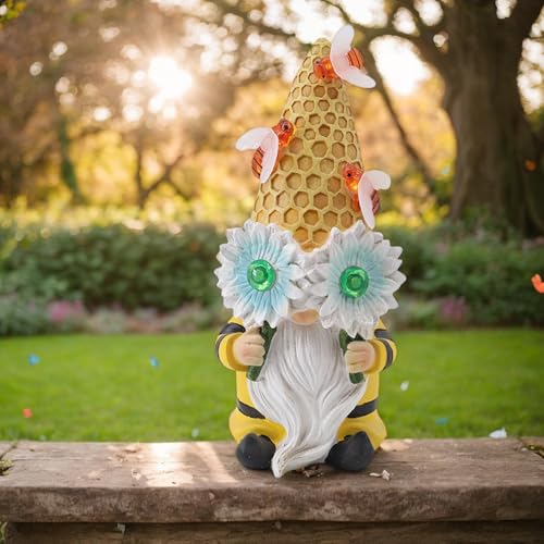 Outdoor Statues, Solar Garden GNOME, Sunflower GNOME Sculpture, Spring GNOME Figurine, Solar-Powered Sunflower Spring GNOME Statue Resin GNOME Statues with Solar Lights for Yard, Or Garden Decor