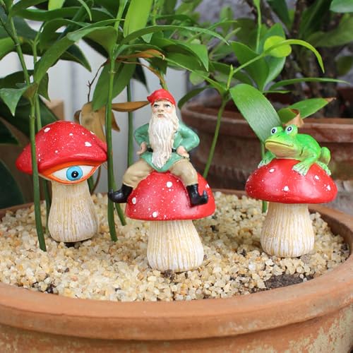 kaiwern Fairy Garden Accessories, 3 Pack Mini Frog and Gnome Mushroom Statues, Cute Animal Figurines Garden Planter Decor, Miniature Fairy Sculpture Decoration for Flower,Yard,Lawn Ornament, DIY Gift