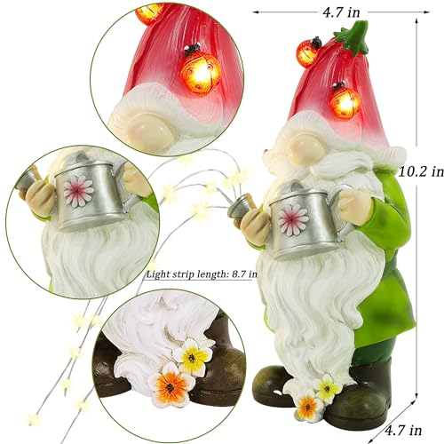Joliyoou Solar Garden Statue Outdoor Decor, 10.2" H Resin Gnome with Watering Can & Solar Fairy Lights, Waterproof Standing Gnome Figurine for Lawn Yard Pathway Patio Front Door Decoration
