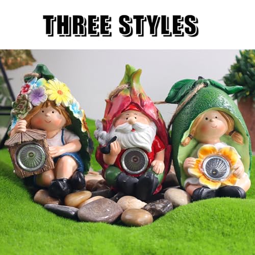FLJZCZM Solar Hanging Garden Gnome Decor – Lemon, Dragonfruit & Flower（3 Style） Resin Outdoor Gnomes for Yard & Outsides (Daylight Charging/Night Glow)