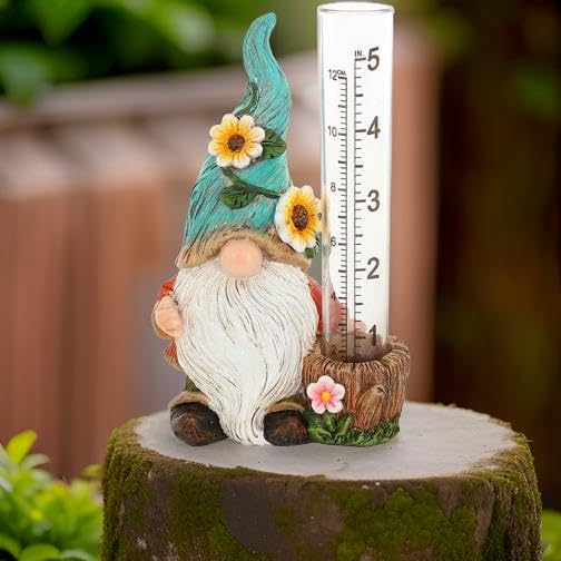 The Bridge Collection Cute Garden Gnome Rain Gauge (Green)