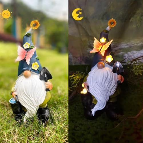 Solar Gnome Statue, Outdoor Garden Figurine, Resin Yard Decoration, Built-In Solar Panel, Waterproof Lighting Feature, Patio Lawn Porch Use, Size 10.63x5.12x5.91