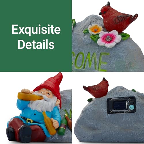 Elegondrar Funny Garden Gnomes Statue with Welcome, Solar Outdoor Gnomes Decorations for Yard, Patio, Lawn, Fathers Day Birthday Housewaming Gifts for Dad, Men, Husband, Grandpa, 11.8 Inch, Resin