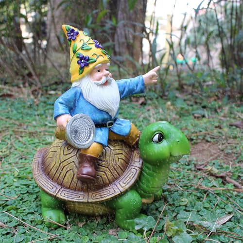 Turtle Solar Lights Outdoor Garden - Solar Turtle Statue Light with Gnome - Waterproof Tortoise Sculpture for Outdoor Patio Garden Balcony Poolside