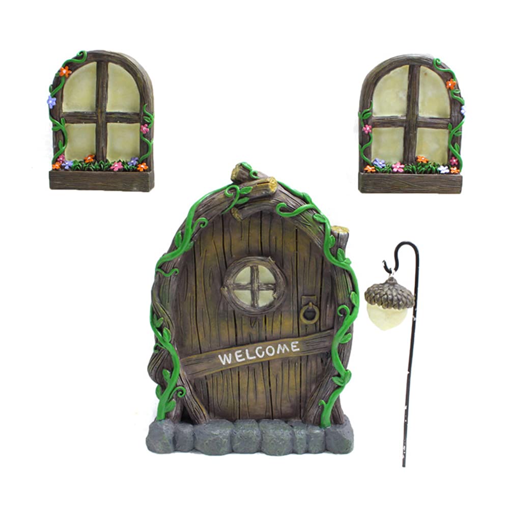 Jetcloud Mini Fairy Door for Tree, Home Miniature Window and Door with Fairy Lamp Glow In Dark Creative Garden Sculpture for Trees Decoration Garden Lawn Ornament
