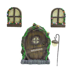 Jetcloud Mini Fairy Door for Tree, Home Miniature Window and Door with Fairy Lamp Glow In Dark Creative Garden Sculpture for Trees Decoration Garden Lawn Ornament