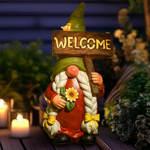 WONDHOME 22" Solar Large Gnome Lady Garden Statue Big Female Gnome with Welcome Sign Outdoor Decor with LED Lights Home Porch Yard Patio Lawn Ornament Christmas Housewarming Gardening Gift
