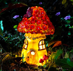 MeritMode Fairy Garden House Mushroom with Solar LED Light - Resin Fairy Garden Accessories, Waterproof Outdoor Light Statue Tiny House, Perfect for Lawn, Balcony, Yard Decor, 7" H
