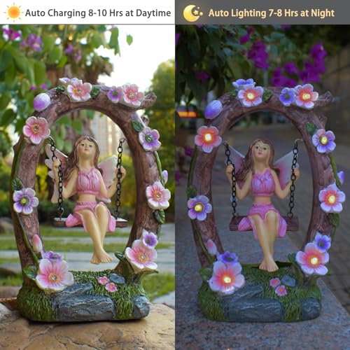 VEEKI Garden Statue Outdoor, Cute Solar Fairy Statue Resin Figurine Lights Outdoor Waterproof, Outdoor Decor Sculpture for Garden Yard Patio Lawn, Fairy Gifts for Mom Grandma Women