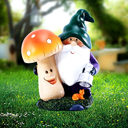 Storage Bag Garden Statue Outdoor Gnomes Holding Mushroom Figurine Built-in Solar Light Sculpture Decor For Patio Yard Art Ornament