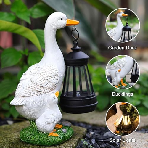 Garden Duck Statues Decor, Solar Waterproof 8" Mini White Ducks Sculpture with LED Lights Funny Garden Outdoor ECreative Duck Sculpture Decoration for Lawn Porch Yard Patio