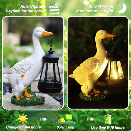 Garden Duck Statues Decor, Solar Waterproof 8" Mini White Ducks Sculpture with LED Lights Funny Garden Outdoor ECreative Duck Sculpture Decoration for Lawn Porch Yard Patio