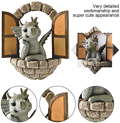 Hxeilzge Courtyard Dragon Sculpture Wall Decoration,Lovely Resin Garden Dragon Statue,Little Dragon Meditating in Front of The Window Art Figurines Decor Ornaments for Patio Yard (Multi)