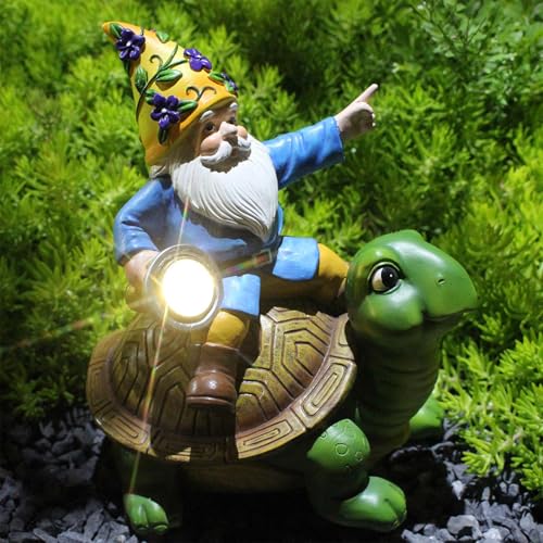 Turtle Solar Lights Outdoor Garden - Solar Turtle Statue Light with Gnome - Waterproof Tortoise Sculpture for Outdoor Patio Garden Balcony Poolside