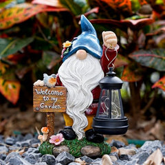 ZQQLITE Garden Gnome Statues Figurine Lights - Solar Powered Lighting Outdoor Decorations with Lantern & Welcome Sign, Yard Art Lawn Ornaments for Porch Patio Balcony - Gnome Gifts for Women Mom