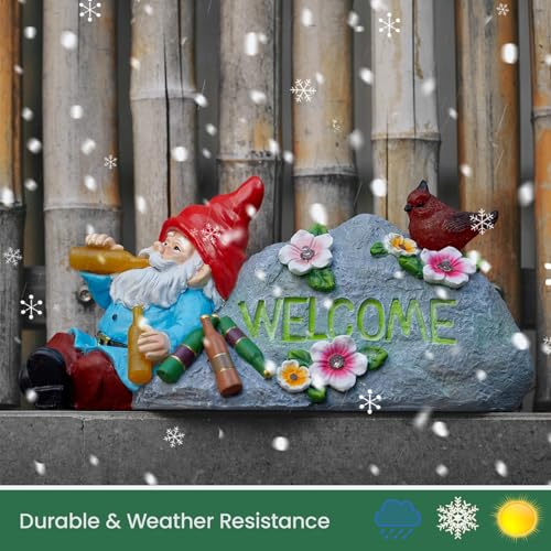 Elegondrar Funny Garden Gnomes Statue with Welcome, Solar Outdoor Gnomes Decorations for Yard, Patio, Lawn, Fathers Day Birthday Housewaming Gifts for Dad, Men, Husband, Grandpa, 11.8 Inch, Resin