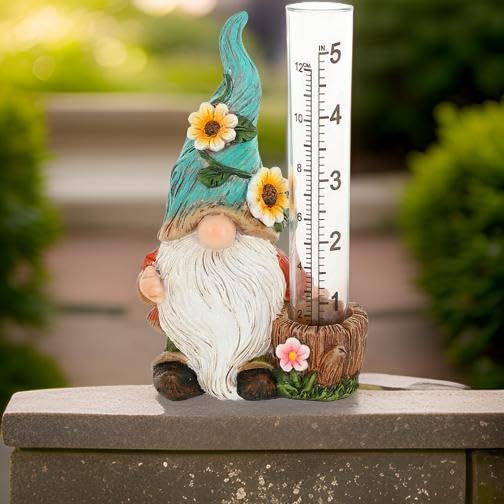 The Bridge Collection Cute Garden Gnome Rain Gauge (Green)