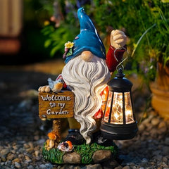 ZQQLITE Garden Gnome Statues Figurine Lights - Solar Powered Lighting Outdoor Decorations with Lantern & Welcome Sign, Yard Art Lawn Ornaments for Porch Patio Balcony - Gnome Gifts for Women Mom