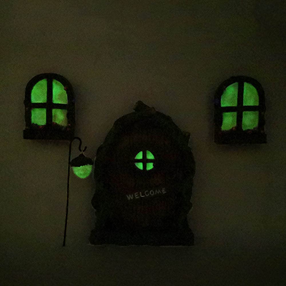 Jetcloud Mini Fairy Door for Tree, Home Miniature Window and Door with Fairy Lamp Glow In Dark Creative Garden Sculpture for Trees Decoration Garden Lawn Ornament