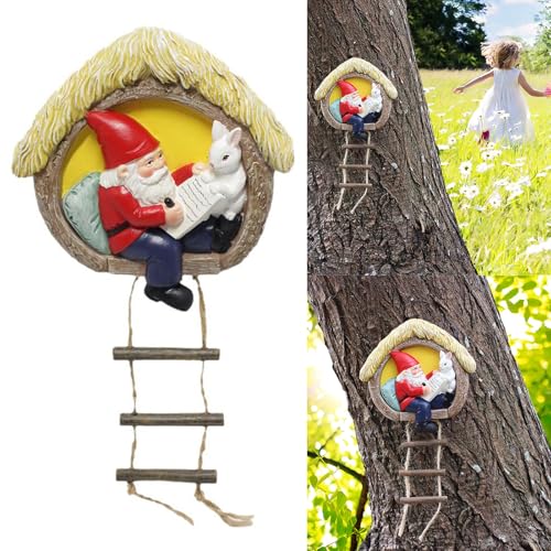 Limtula Garden Landscape Statue Gnomes And Rabbits With Ladder Resins Hanging Ornament For Indoor And Outdoor Use Tree Decors Garden Decoration