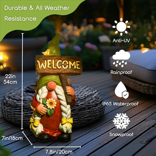 WONDHOME 22" Solar Large Gnome Lady Garden Statue Big Female Gnome with Welcome Sign Outdoor Decor with LED Lights Home Porch Yard Patio Lawn Ornament Christmas Housewarming Gardening Gift